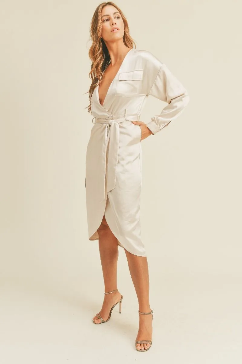 GIFT WRAPPED SATIN POCKETED LONG SLEEVE WRAP MIDI DRESS - CREAM