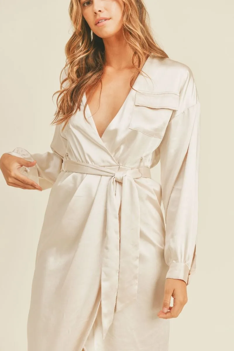 GIFT WRAPPED SATIN POCKETED LONG SLEEVE WRAP MIDI DRESS - CREAM