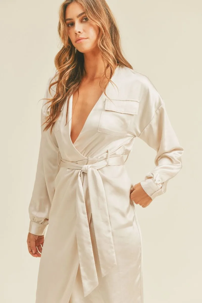 GIFT WRAPPED SATIN POCKETED LONG SLEEVE WRAP MIDI DRESS - CREAM