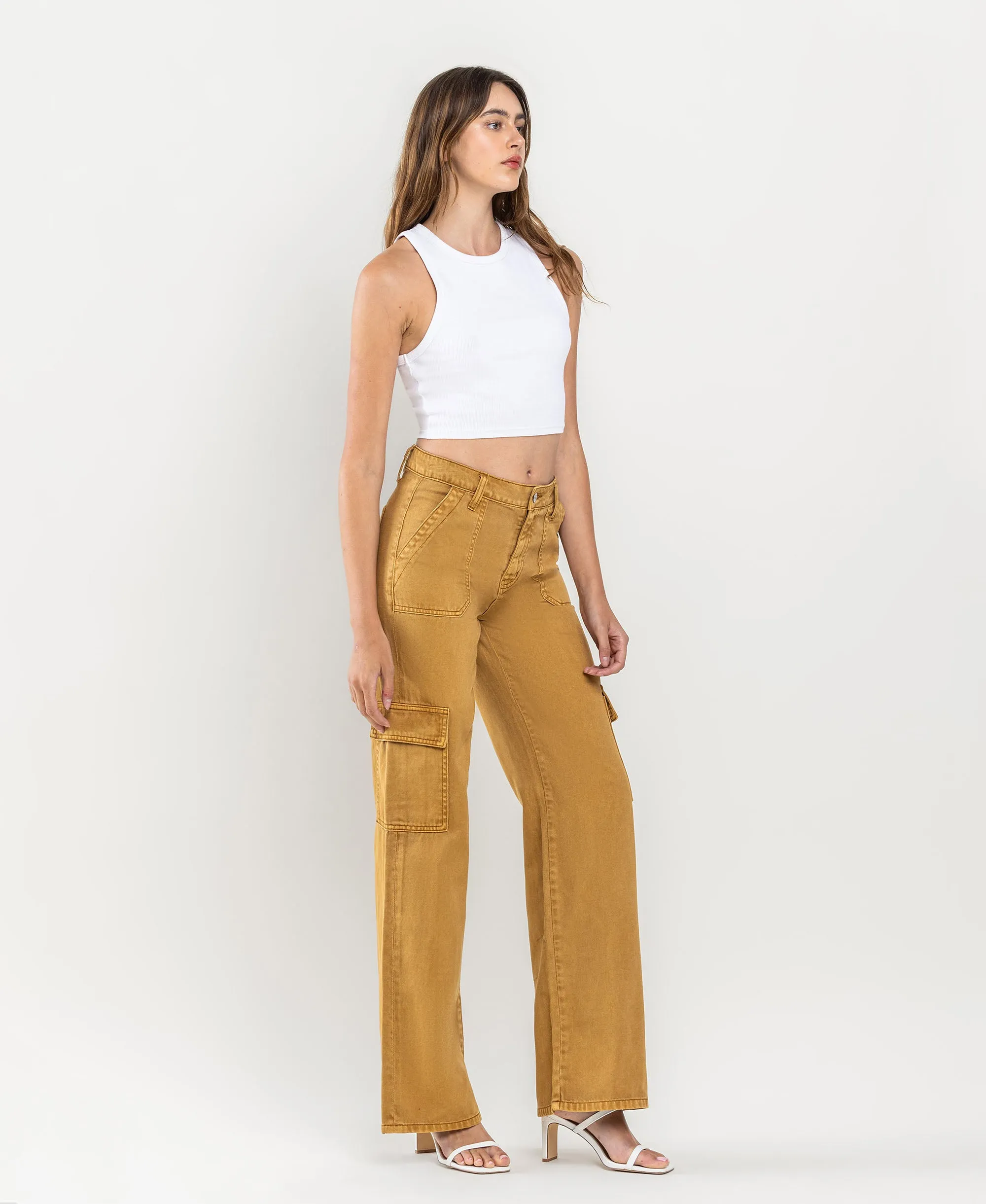 Golden Brown - High Rise Utility Cargo Wide Leg Jeans