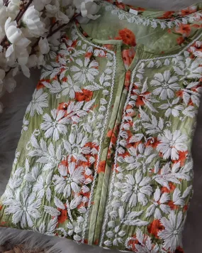 Green Floral Print Chikankari Kurti