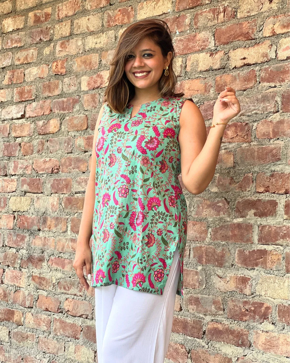 Green Floral Short Kurti Top