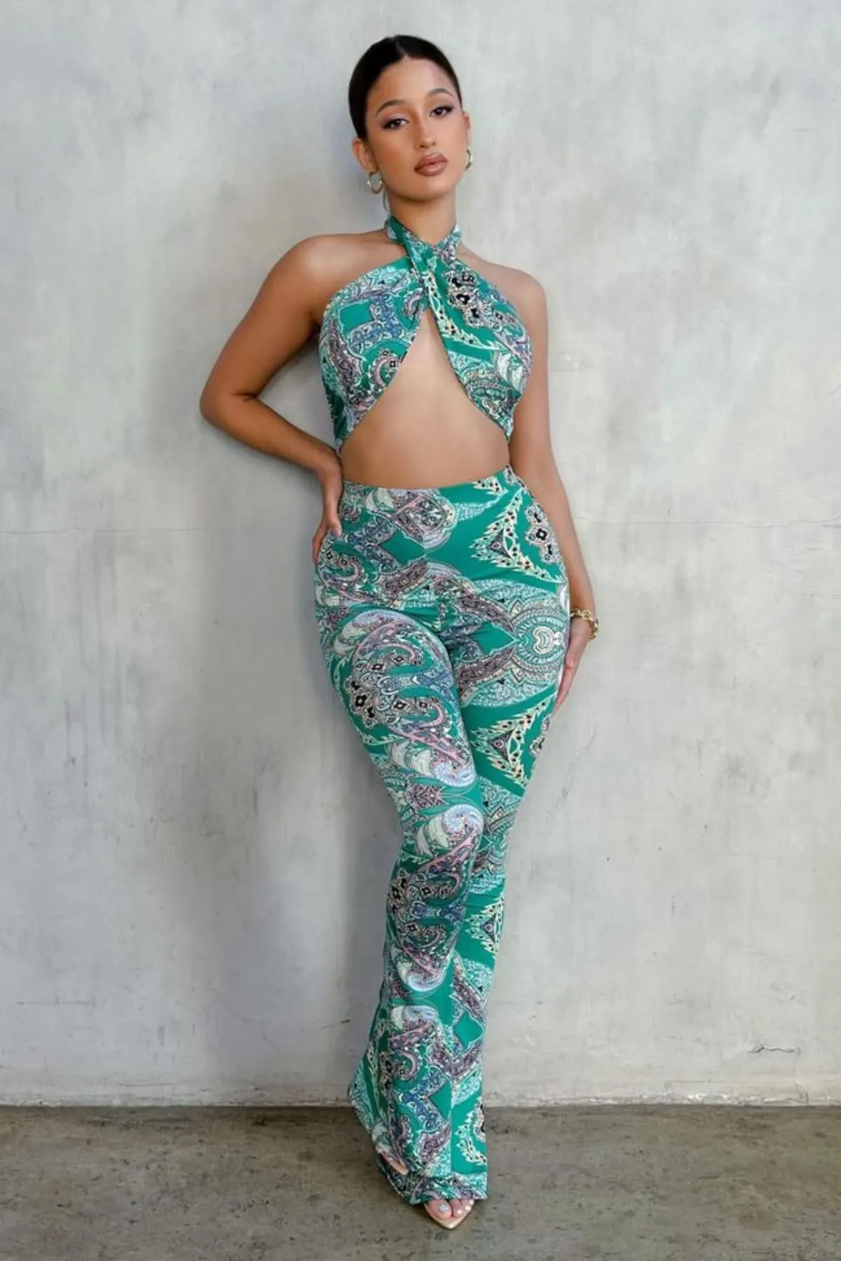 Green Paisley High Waist Flare Pants & Halter Top Set