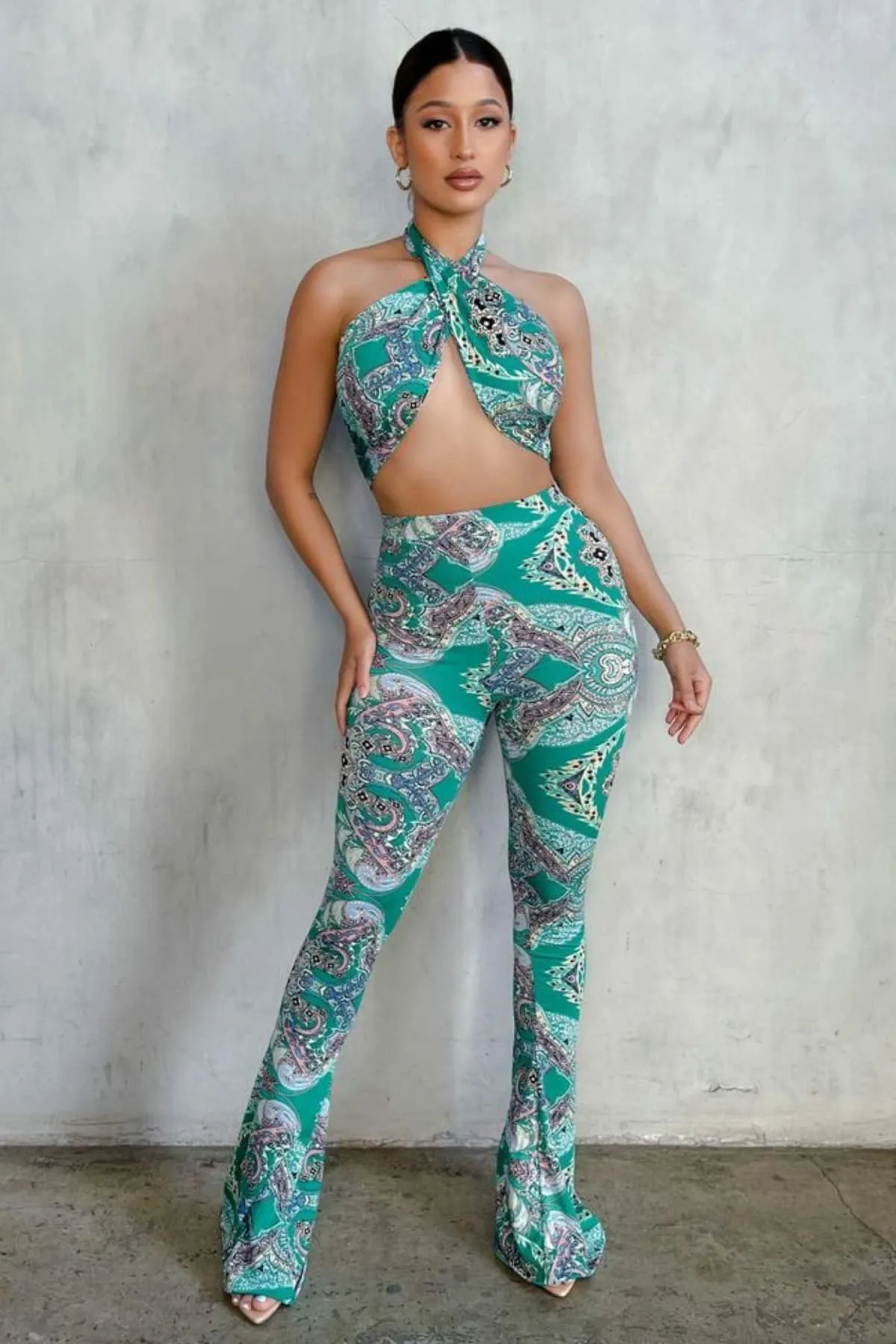 Green Paisley High Waist Flare Pants & Halter Top Set