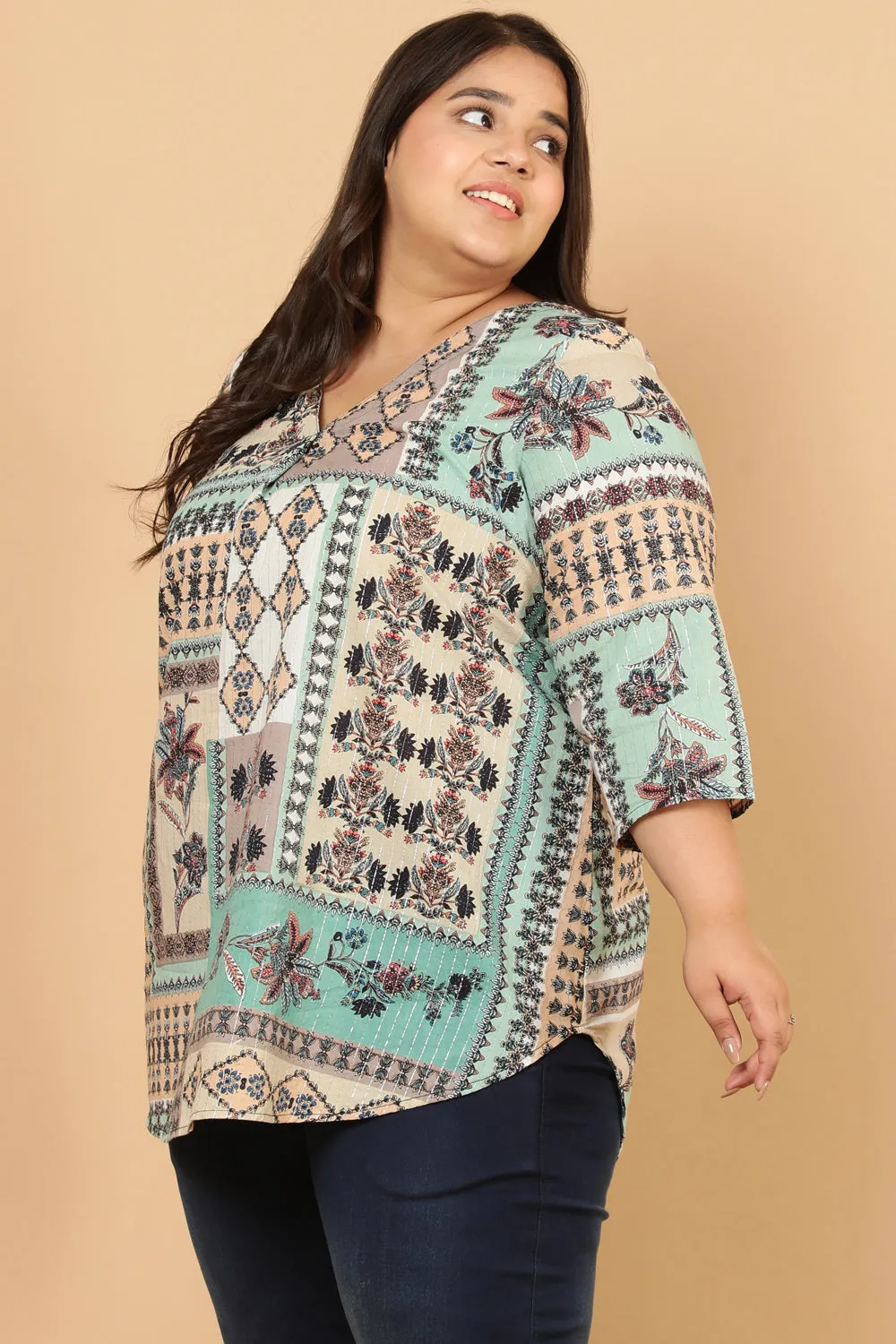 Green White Ethnic Scarf Print Cotton Top