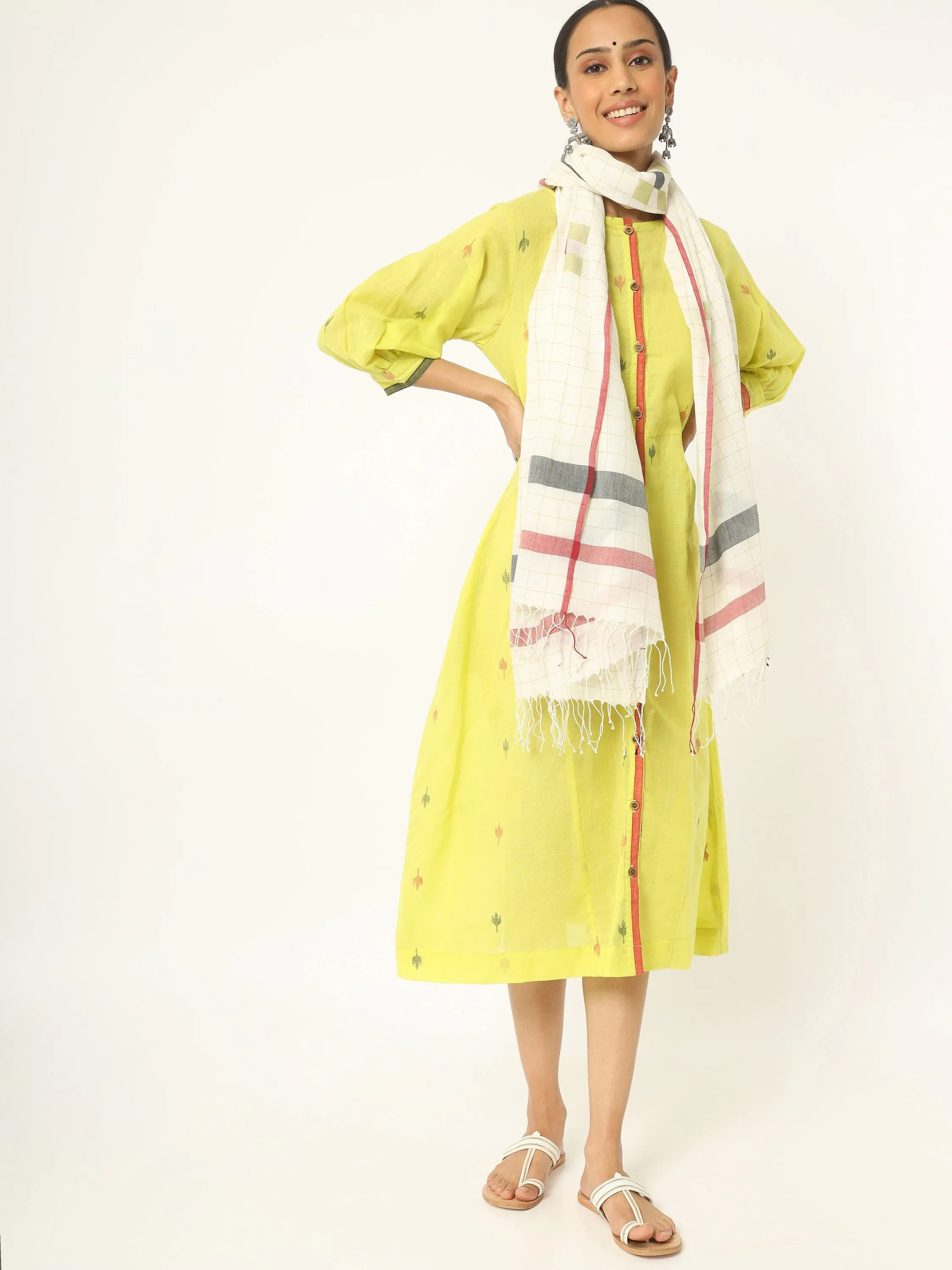 Lemon Yellow Muslin Jamdani Dress