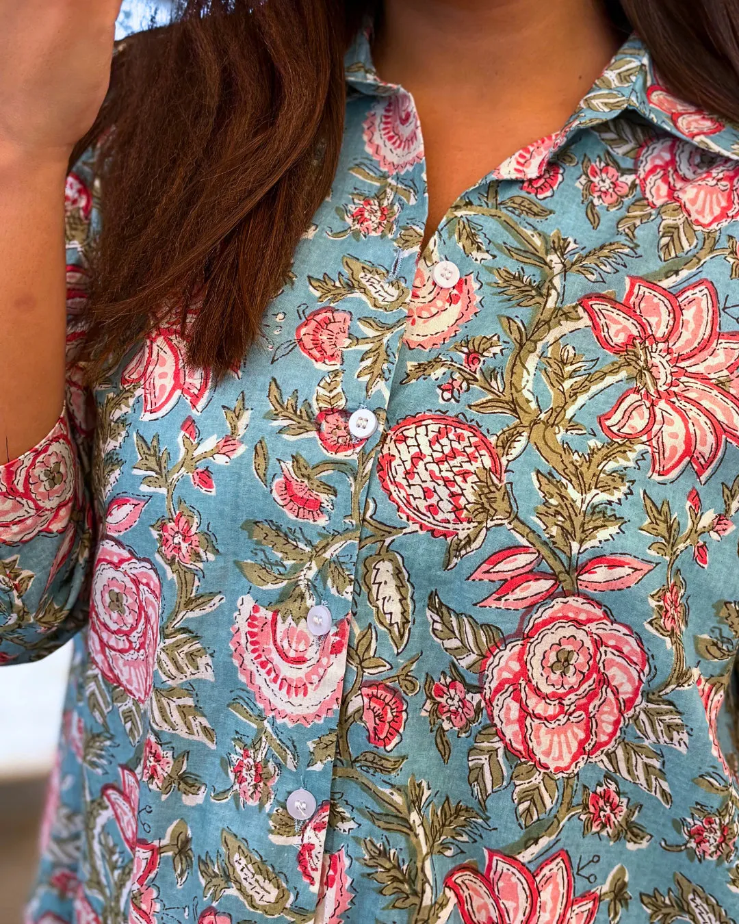 Light Aqua Floral Printed Cotton Aline Shirt