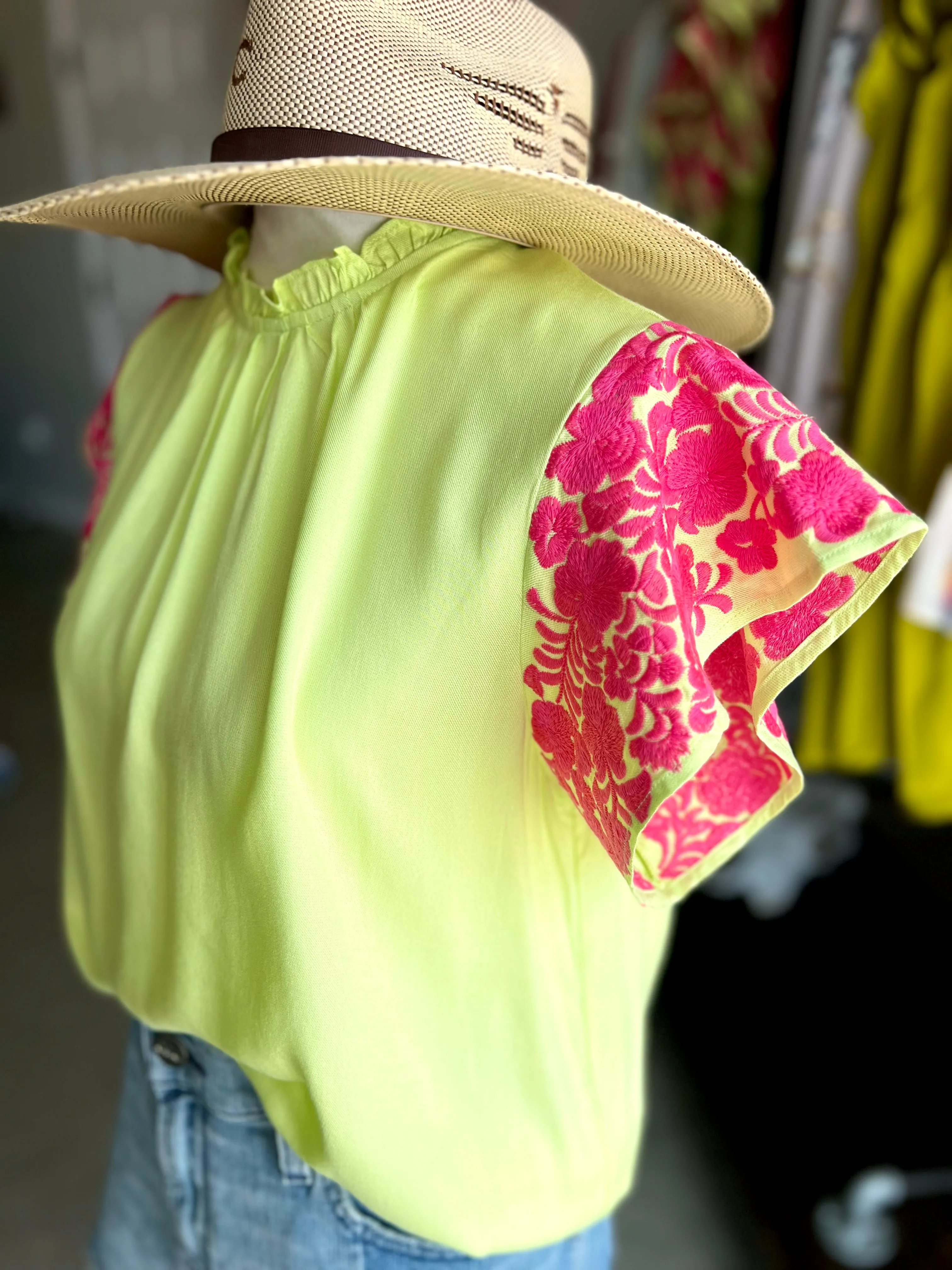 Lime and Pink Embroidered Flutter Sleeve Top