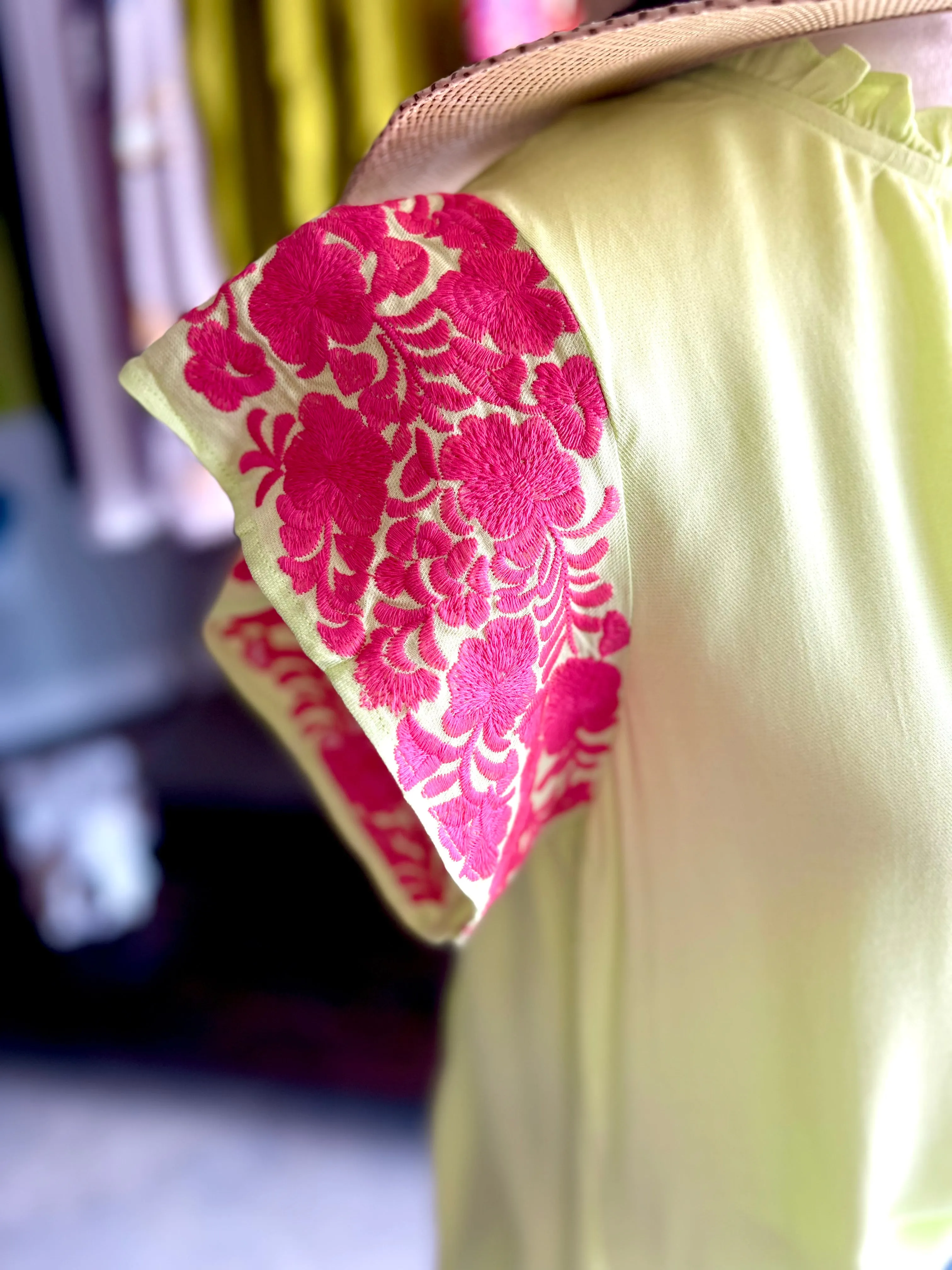 Lime and Pink Embroidered Flutter Sleeve Top