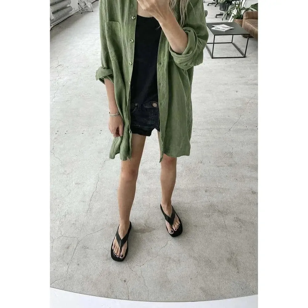 Linen boyfriend shirt in olive by Seaside Tones