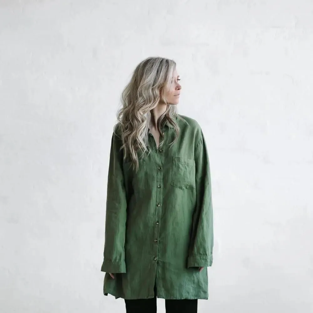 Linen boyfriend shirt in olive by Seaside Tones