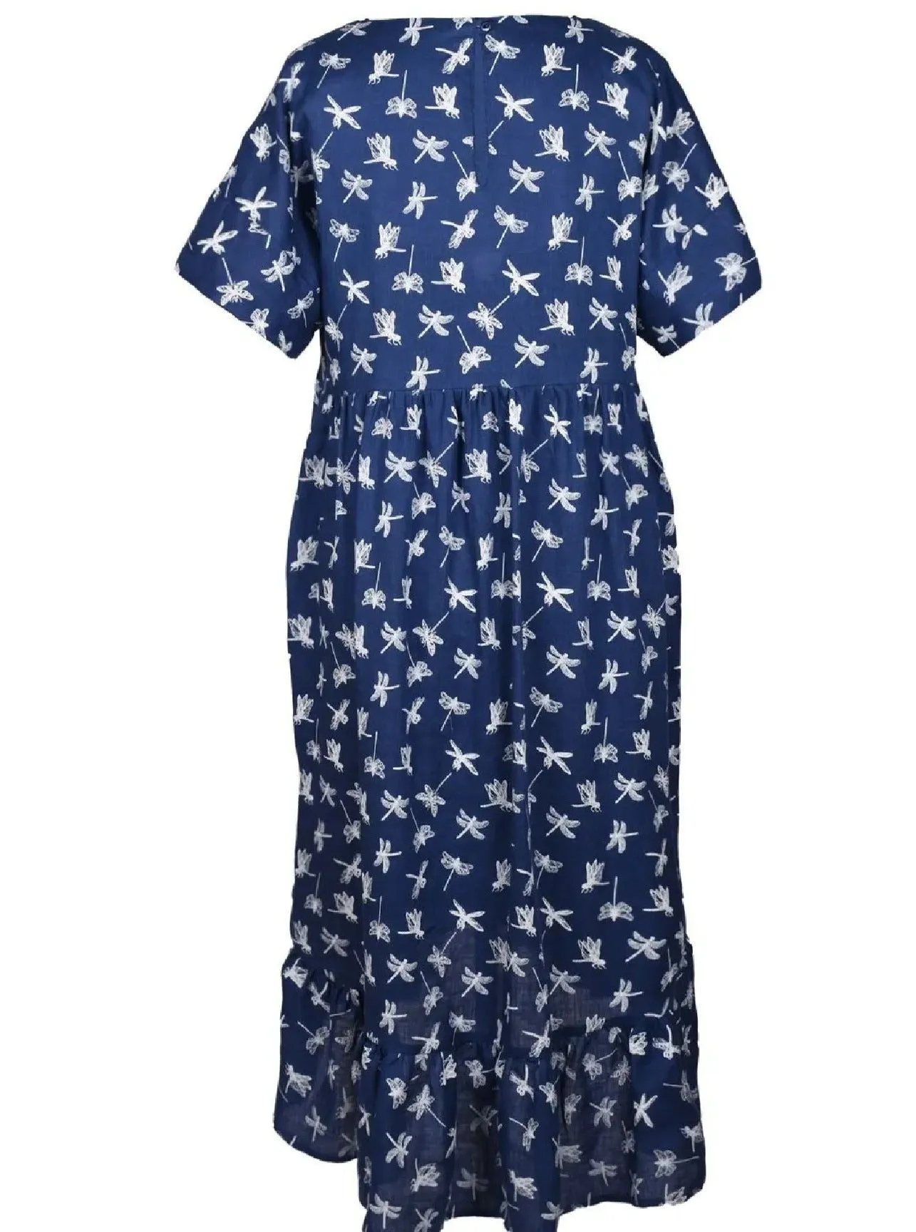 Linen Dress Emma Green Navy Dragonfly Print