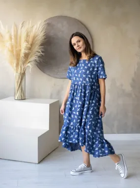 Linen Dress Emma Green Navy Dragonfly Print