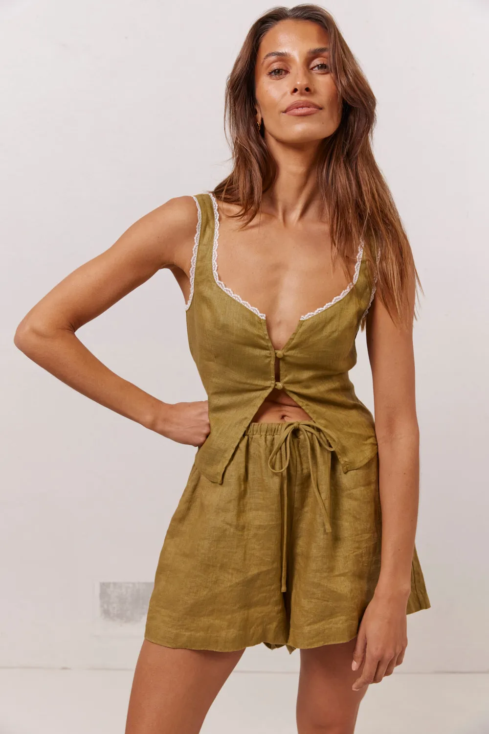 Love Language Linen Button Front Top Olive