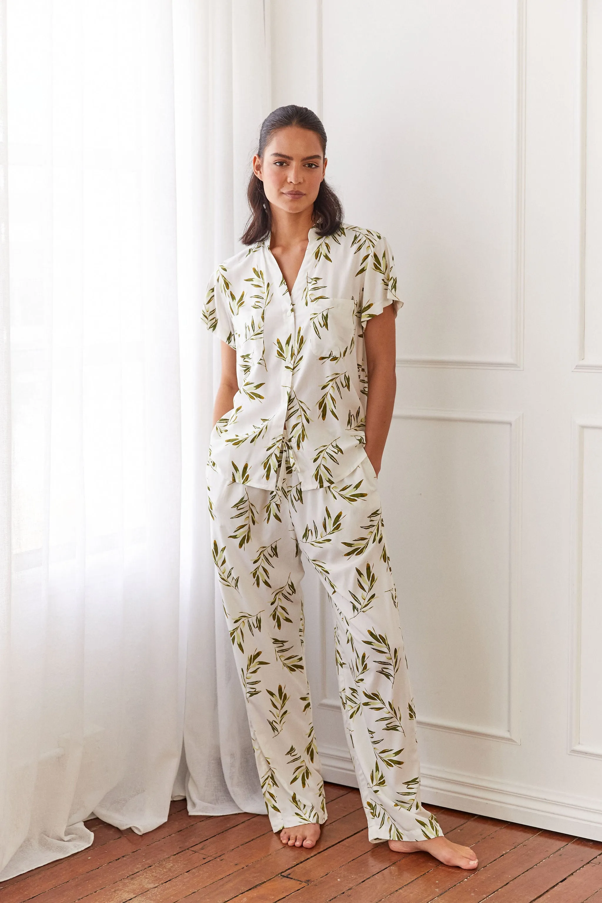 Maggie Pyjama Set - Long Pants - Olive Leaf