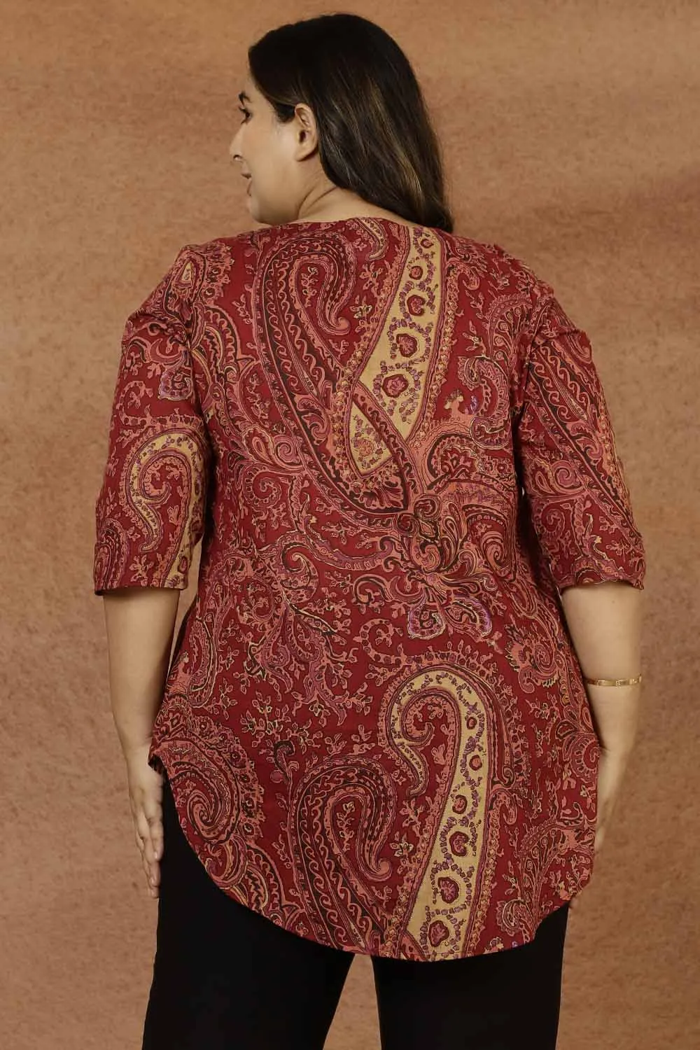 Maroon Paisley Print Cotton Plus Size Top