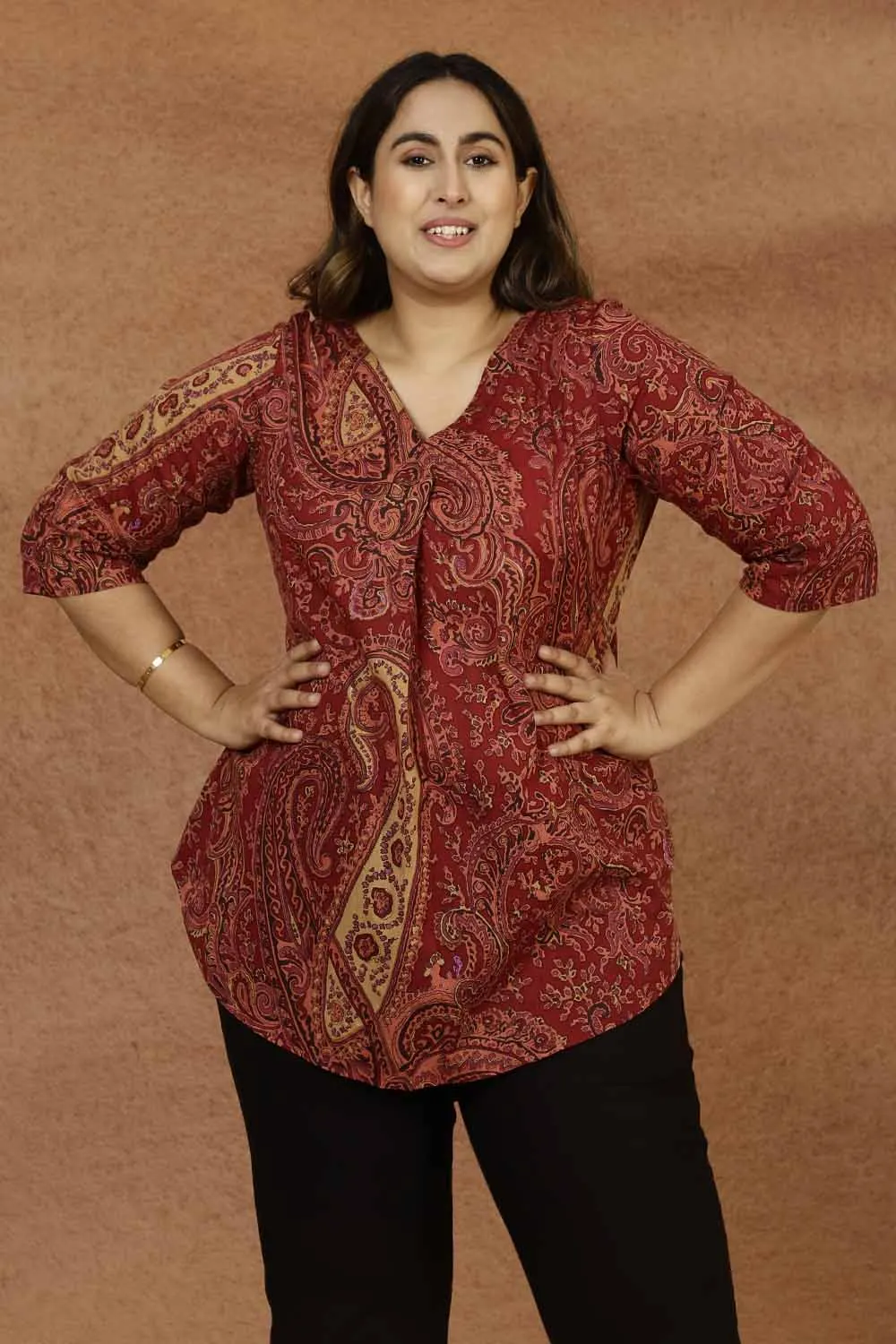 Maroon Paisley Print Cotton Plus Size Top