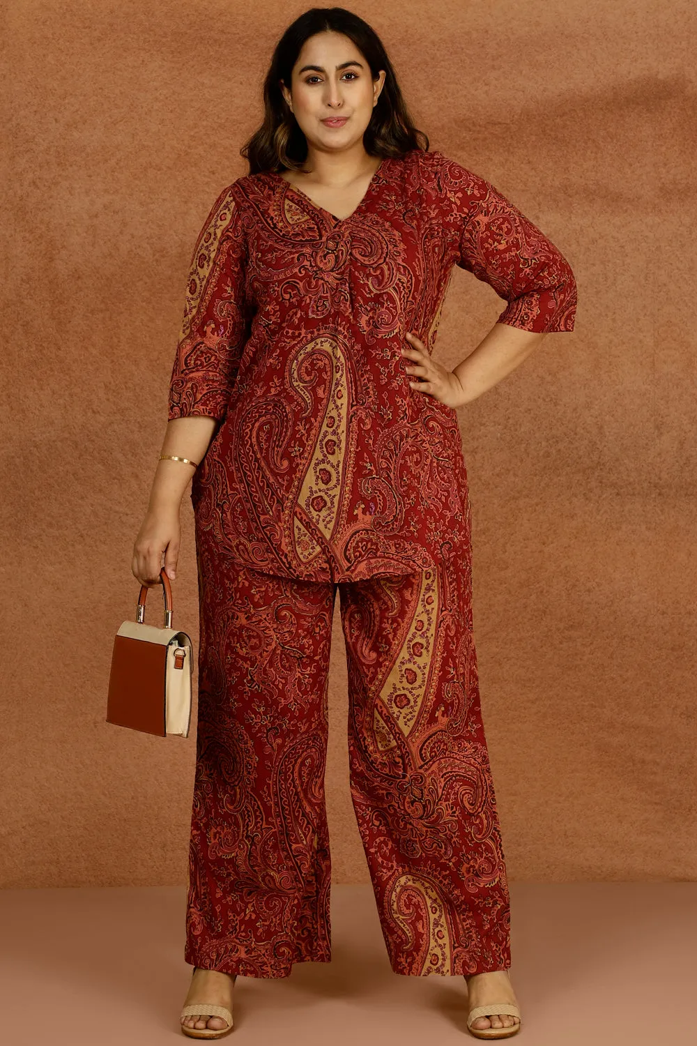 Maroon Paisley Print Cotton Plus Size Top