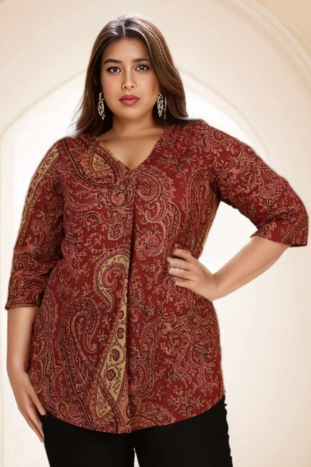 Maroon Paisley Print Cotton Plus Size Top