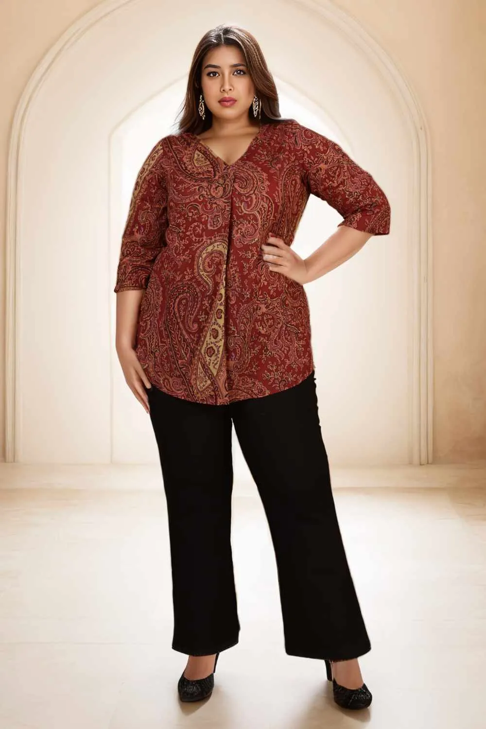 Maroon Paisley Print Cotton Plus Size Top