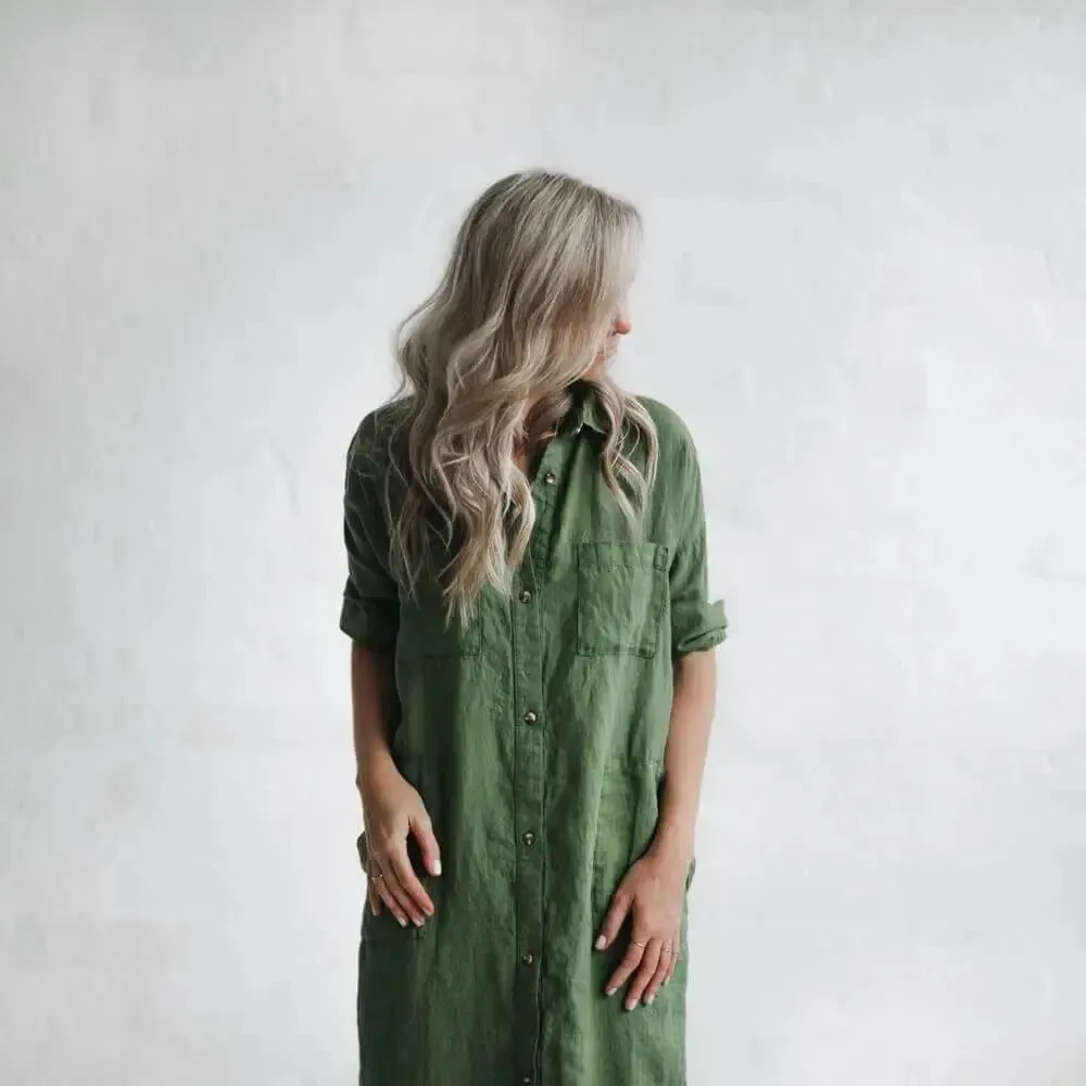 Maxi Linen Shirt-Dress in Olive by Seaside Tones