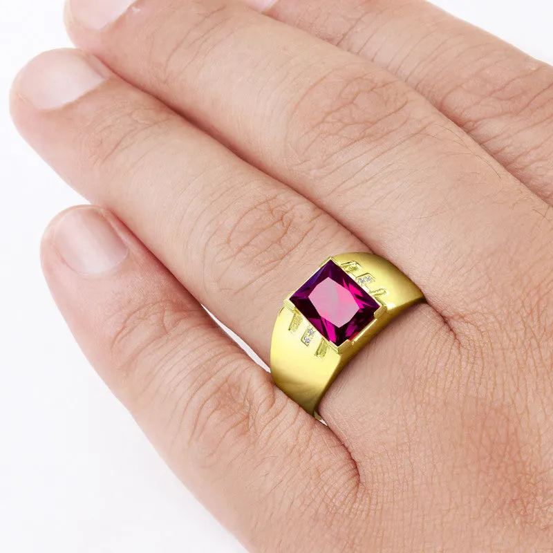 Men's Diamonds Ring with Red Ruby in 10k Yellow Gold