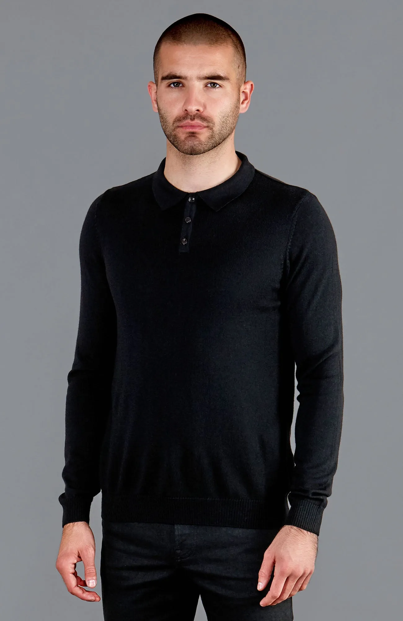 Mens Extra Fine Merino Wool Long Sleeve Polo Shirt