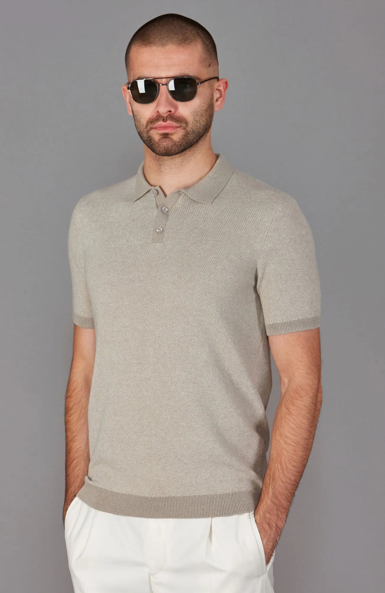 Mens Lightweight Cotton Two Tone Textured Polo Shirt