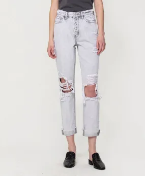 Message Bottle - Distressed Super High Rise Mom Jeans