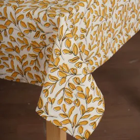 MODERN RETRO – Mustard yellow cotton table cloth with leaf print