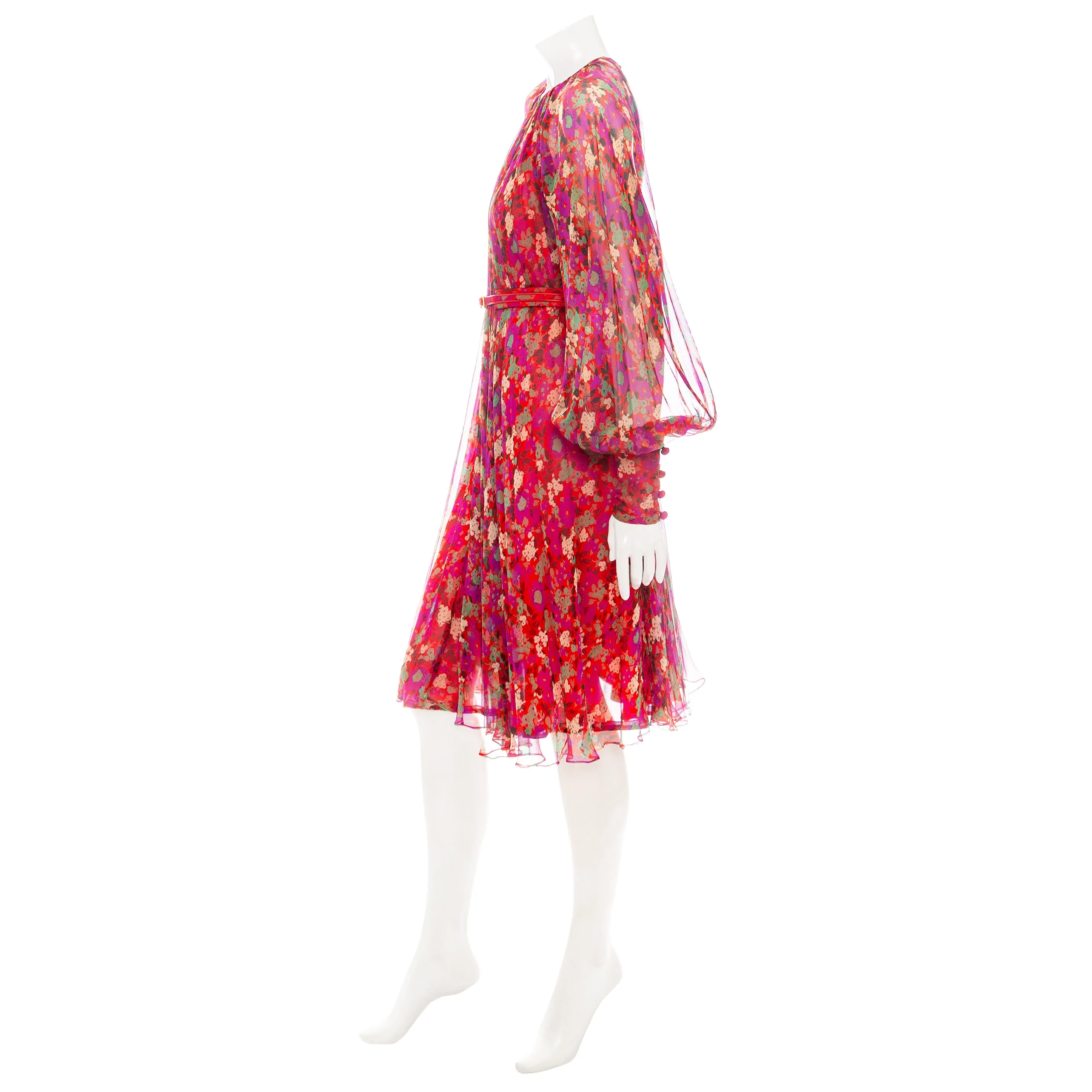 Multicolored Silk Floral-Print Bishop Sleeve Tent Dress