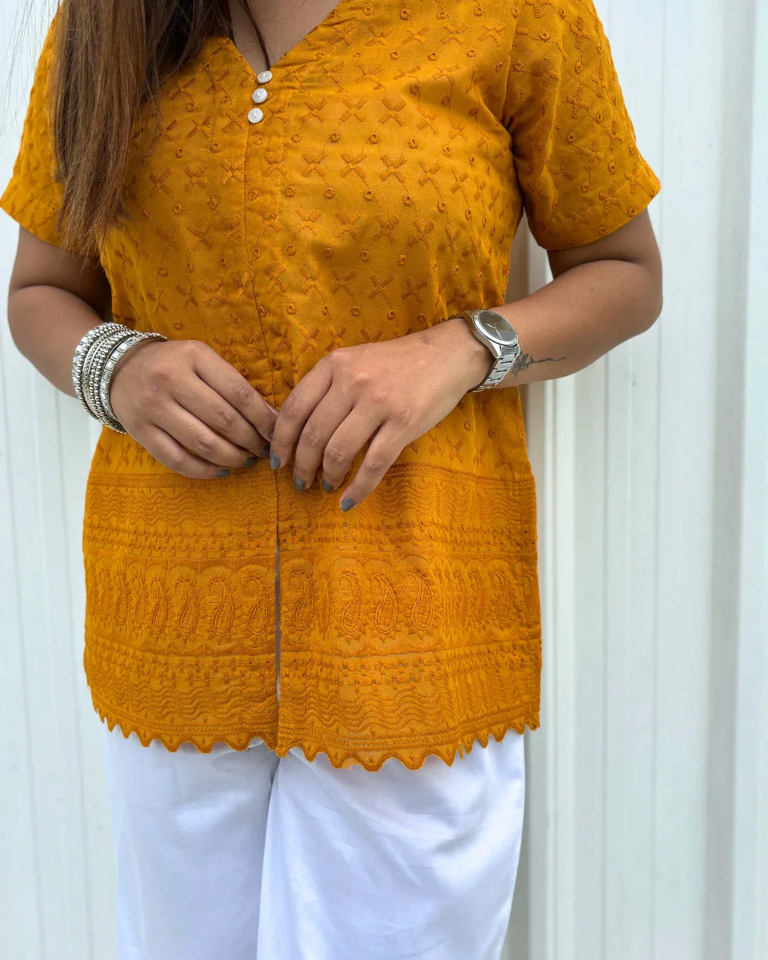 Mustard Yellow Cotton Embroidered Chikankari Short Kurti