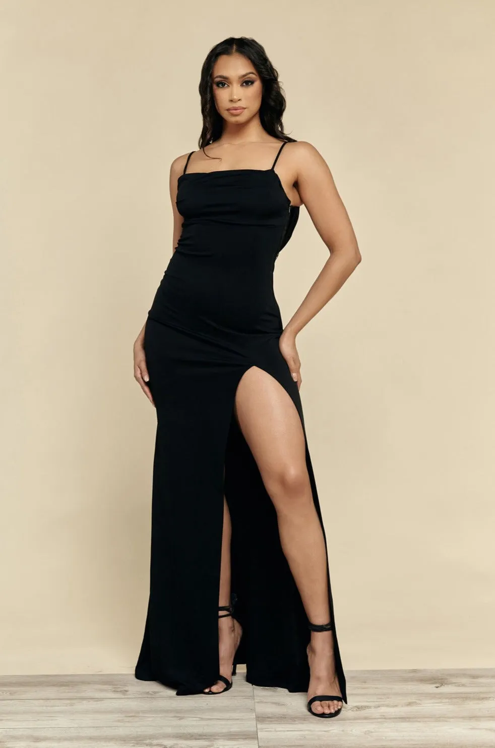 Paola Black High Slit and Lace Gown