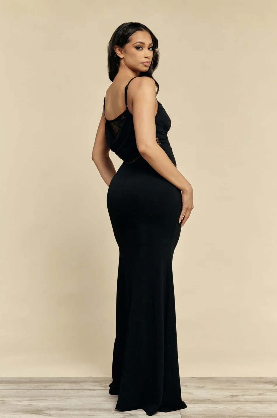 Paola Black High Slit and Lace Gown