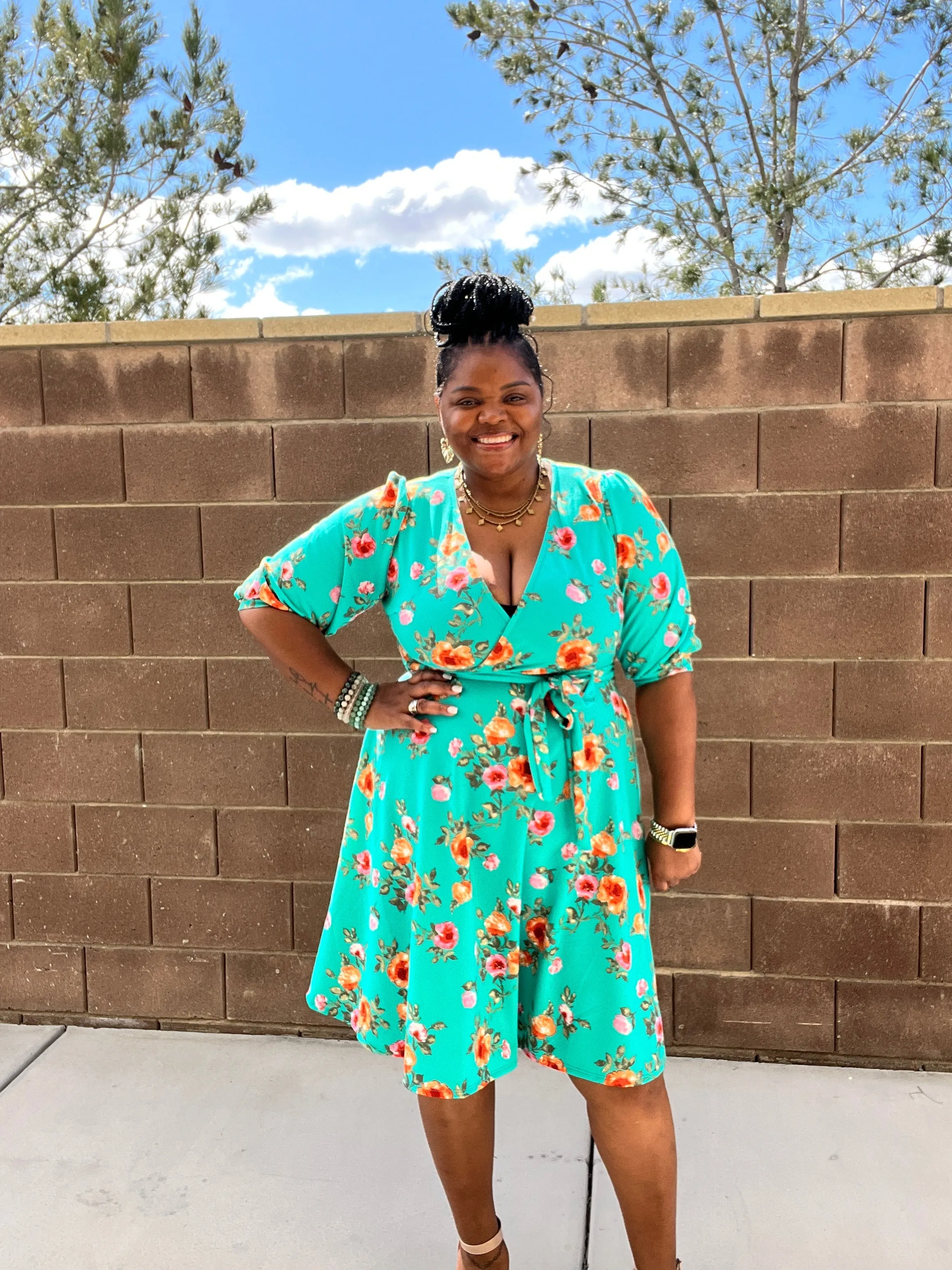 Plus Size Floral A Line Flare Dress With Belt