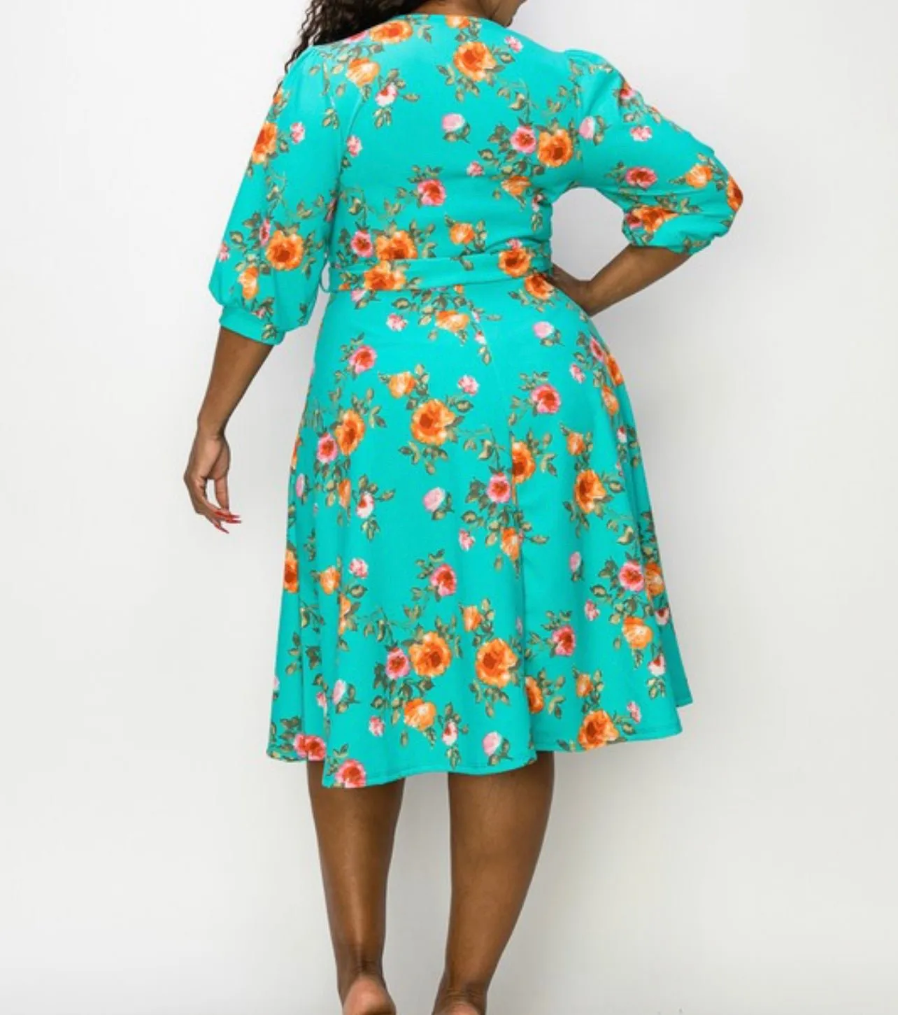 Plus Size Floral A Line Flare Dress With Belt