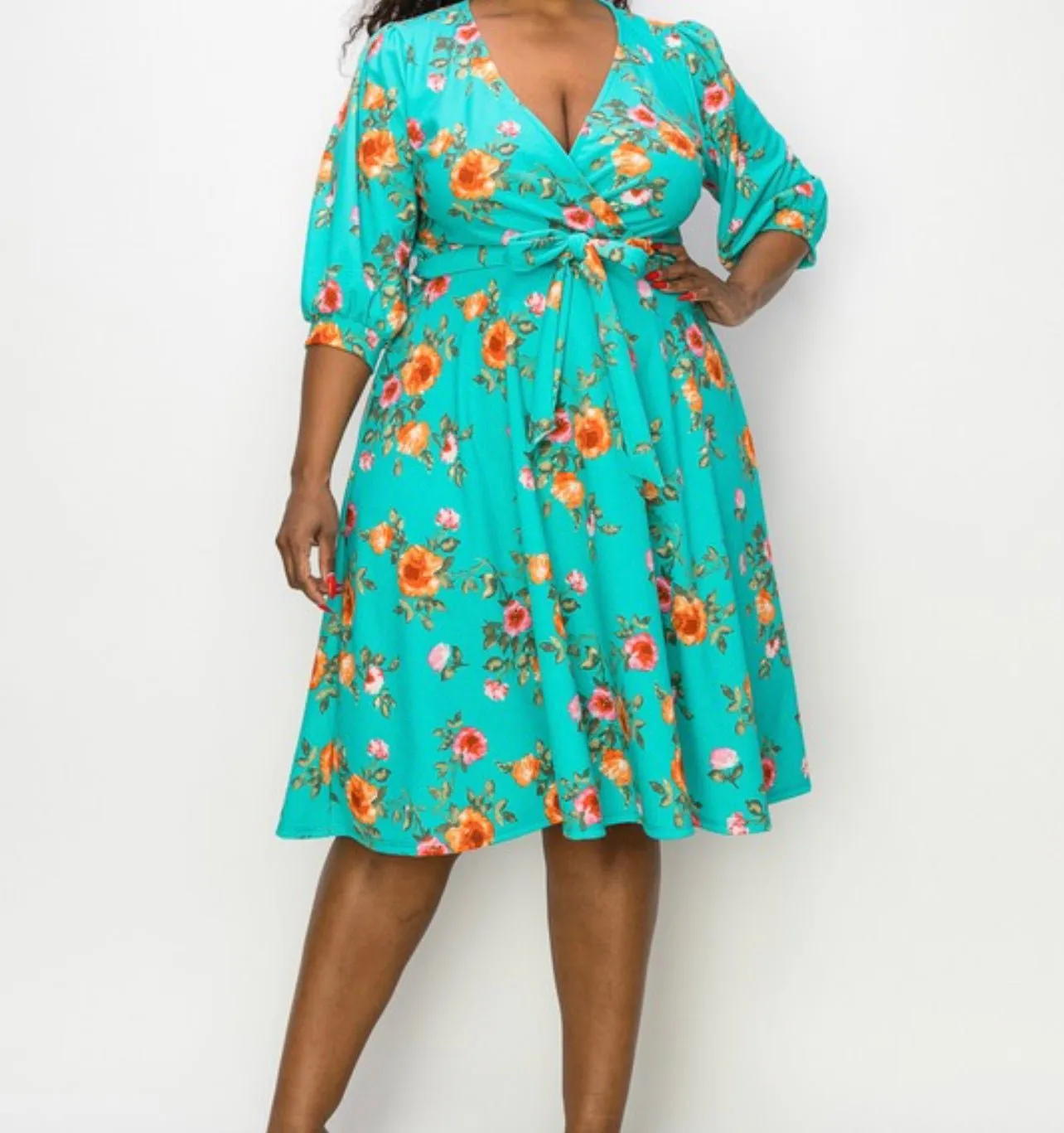 Plus Size Floral A Line Flare Dress With Belt