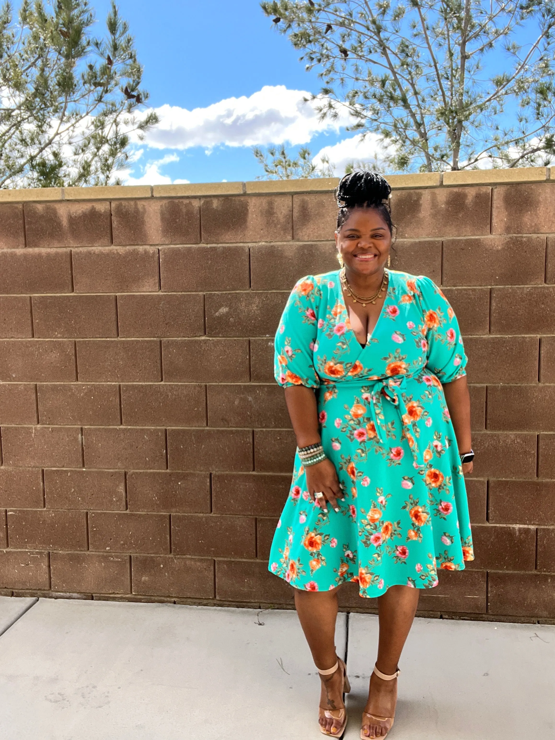 Plus Size Floral A Line Flare Dress With Belt