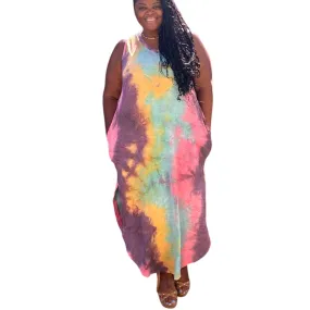 Plus Size Tie Dye V Neck Tie Dye Round Hem Maxi Dress