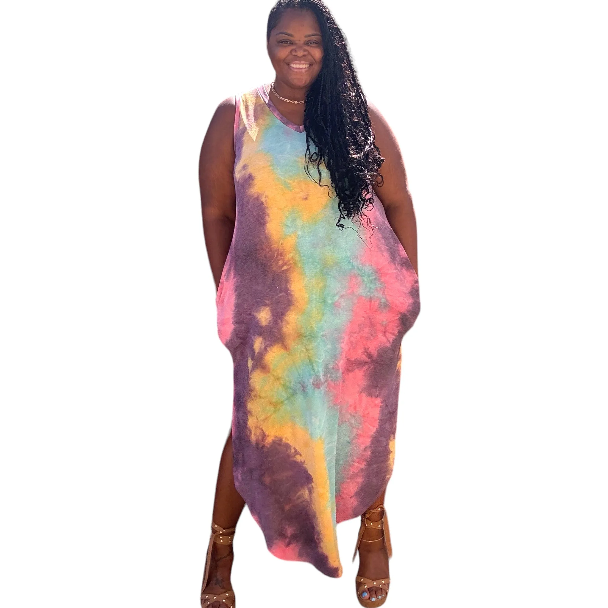 Plus Size Tie Dye V Neck Tie Dye Round Hem Maxi Dress