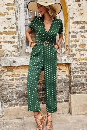 Polka Dot Belted Flounce Sleeve Jumpsuit with Pockets