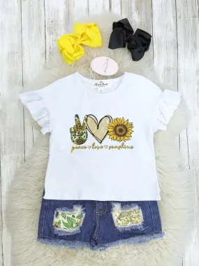 "Peace, Love, Sunshine" Ruffle Top & Distressed Denim Outfit