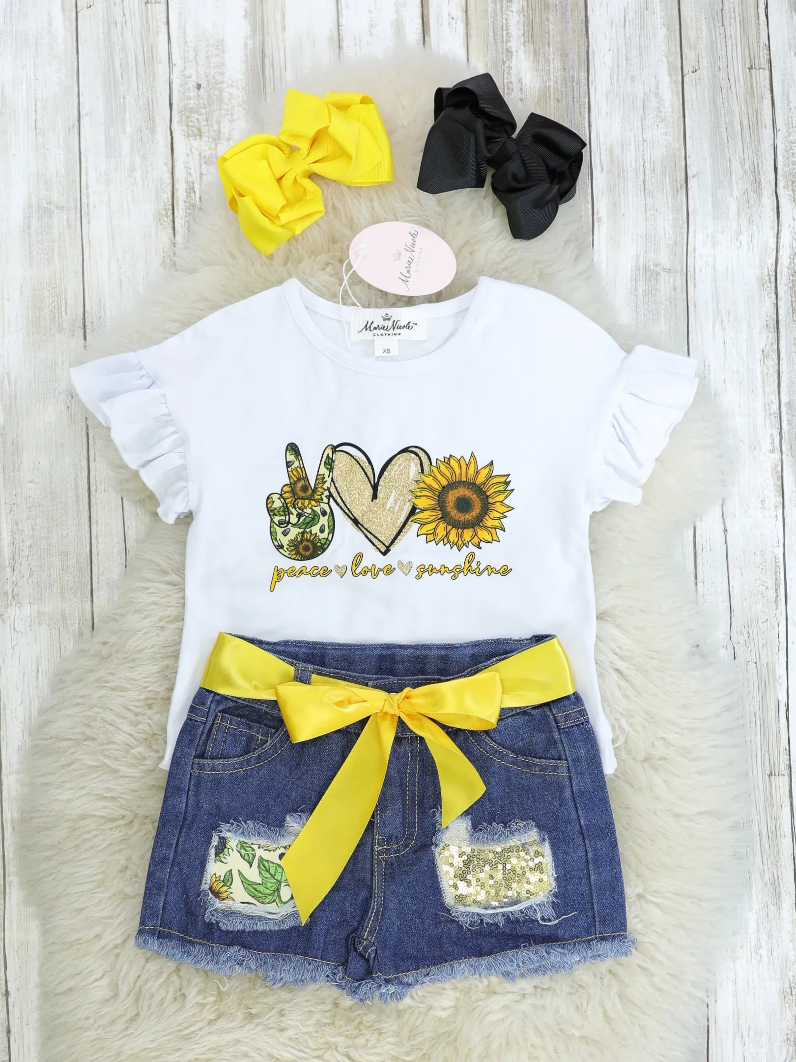 "Peace, Love, Sunshine" Ruffle Top & Distressed Denim Outfit