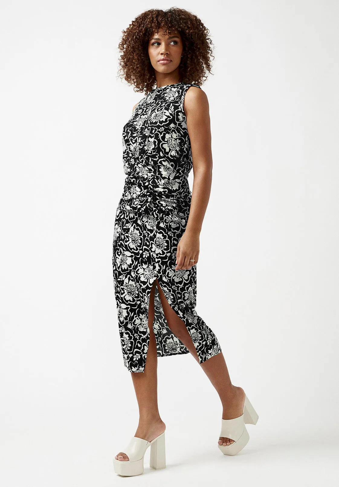 Salome Black and Cream Flower Print Twist-Front Skirt - WS0002S