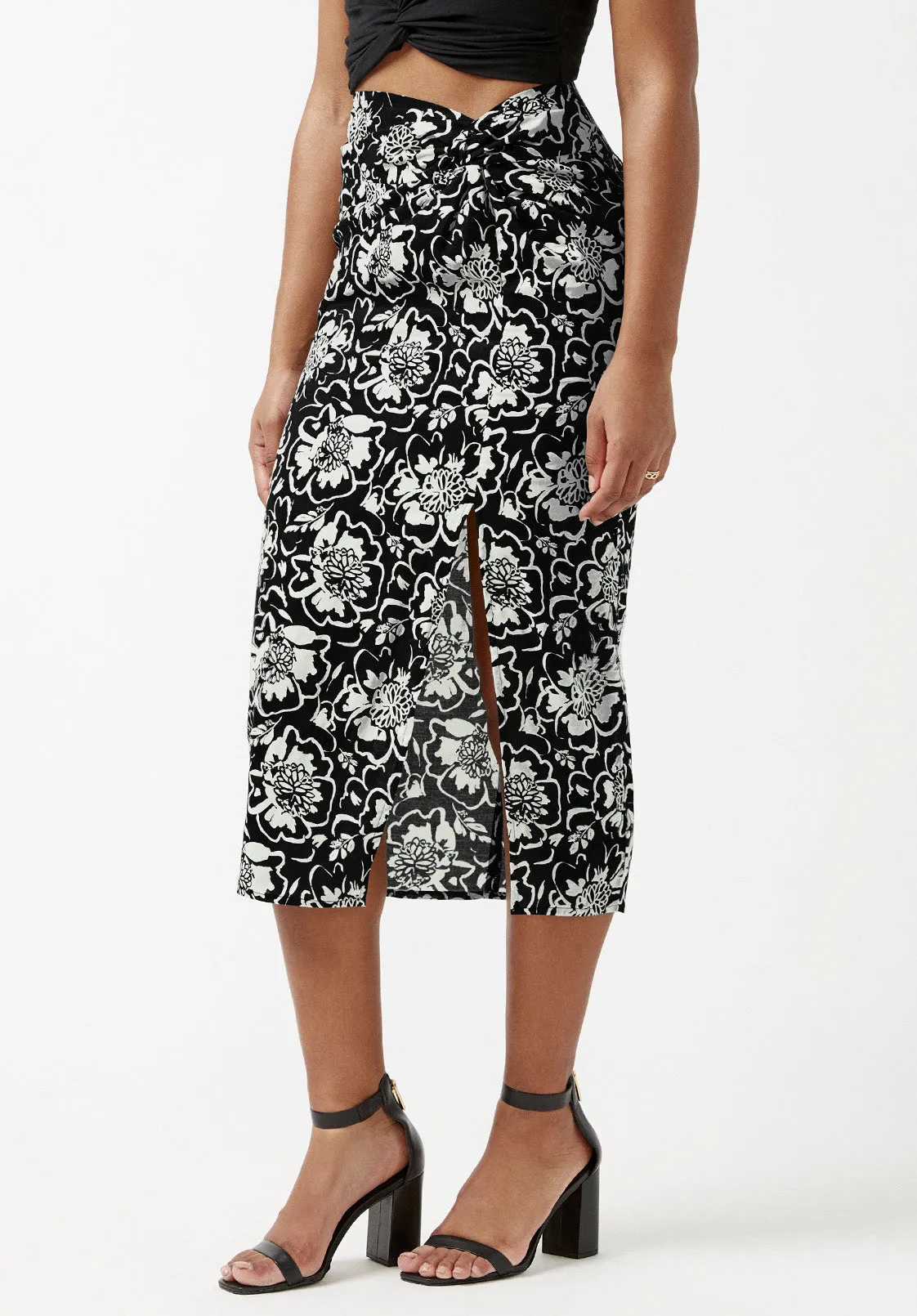 Salome Black and Cream Flower Print Twist-Front Skirt - WS0002S