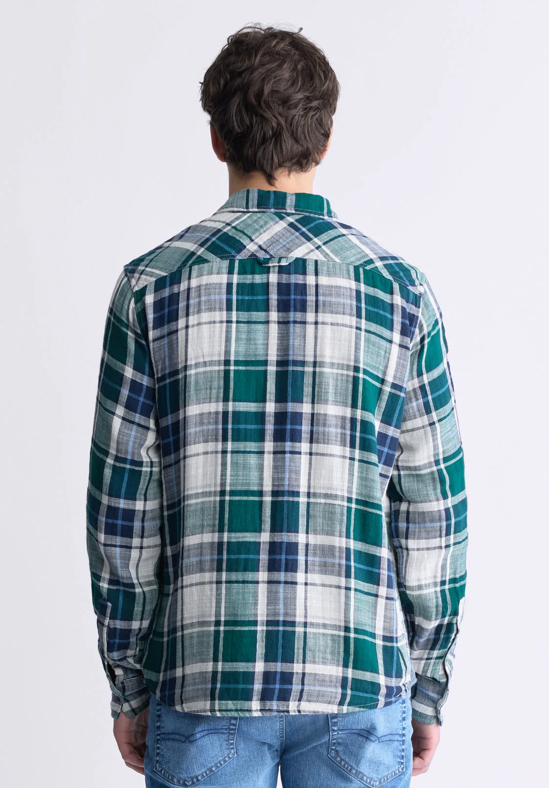 Saolo Men's Long-Sleeve Plaid Shirt, Forest Green - BM24425