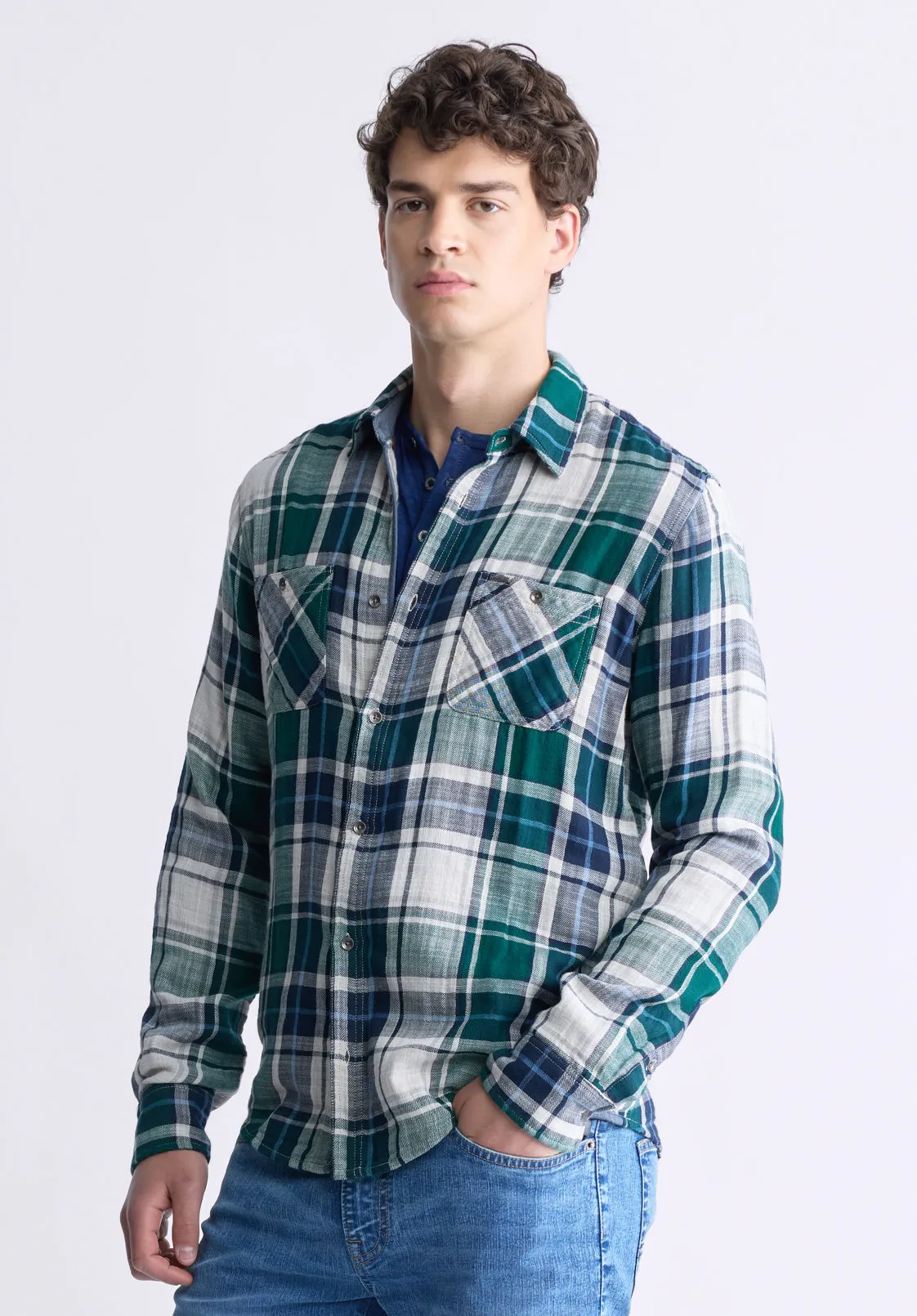 Saolo Men's Long-Sleeve Plaid Shirt, Forest Green - BM24425