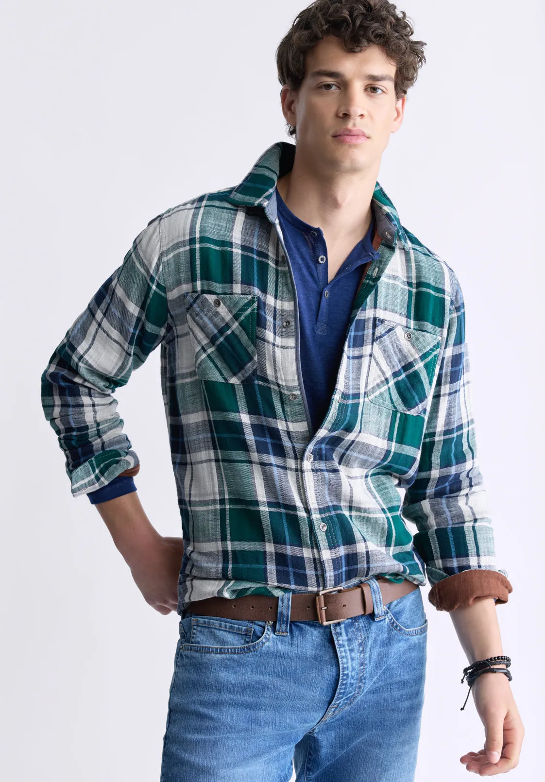 Saolo Men's Long-Sleeve Plaid Shirt, Forest Green - BM24425