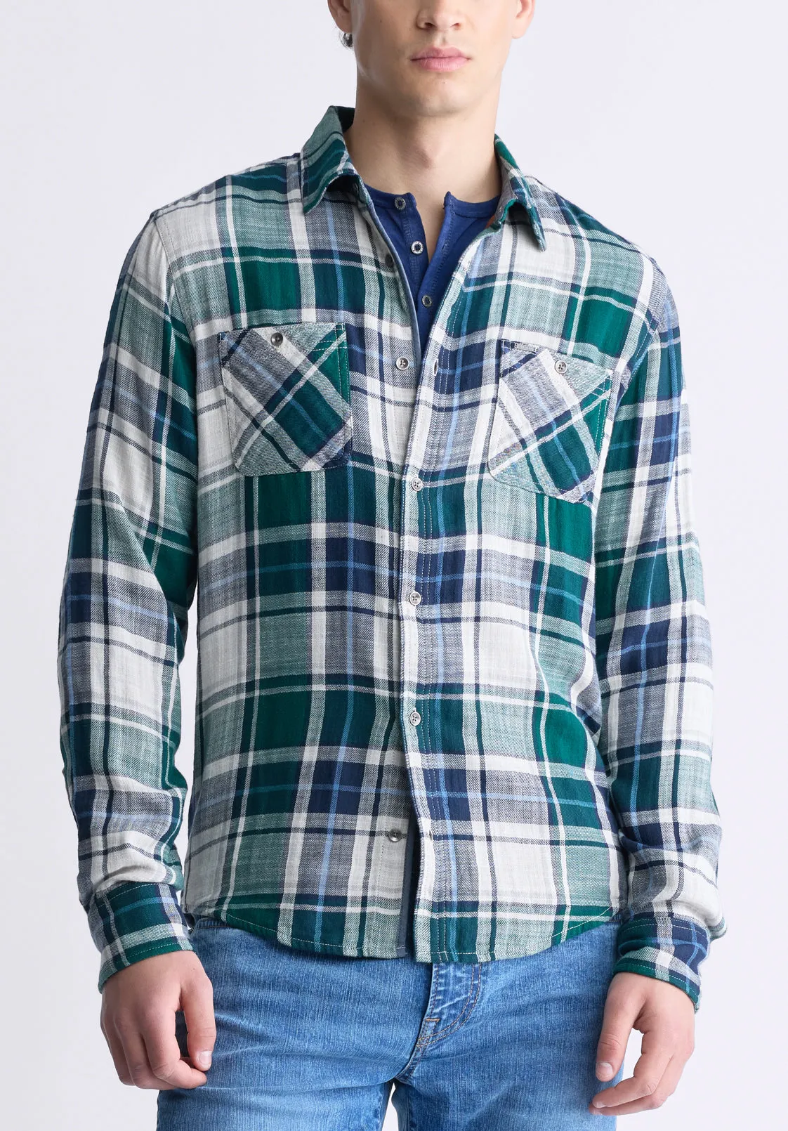 Saolo Men's Long-Sleeve Plaid Shirt, Forest Green - BM24425