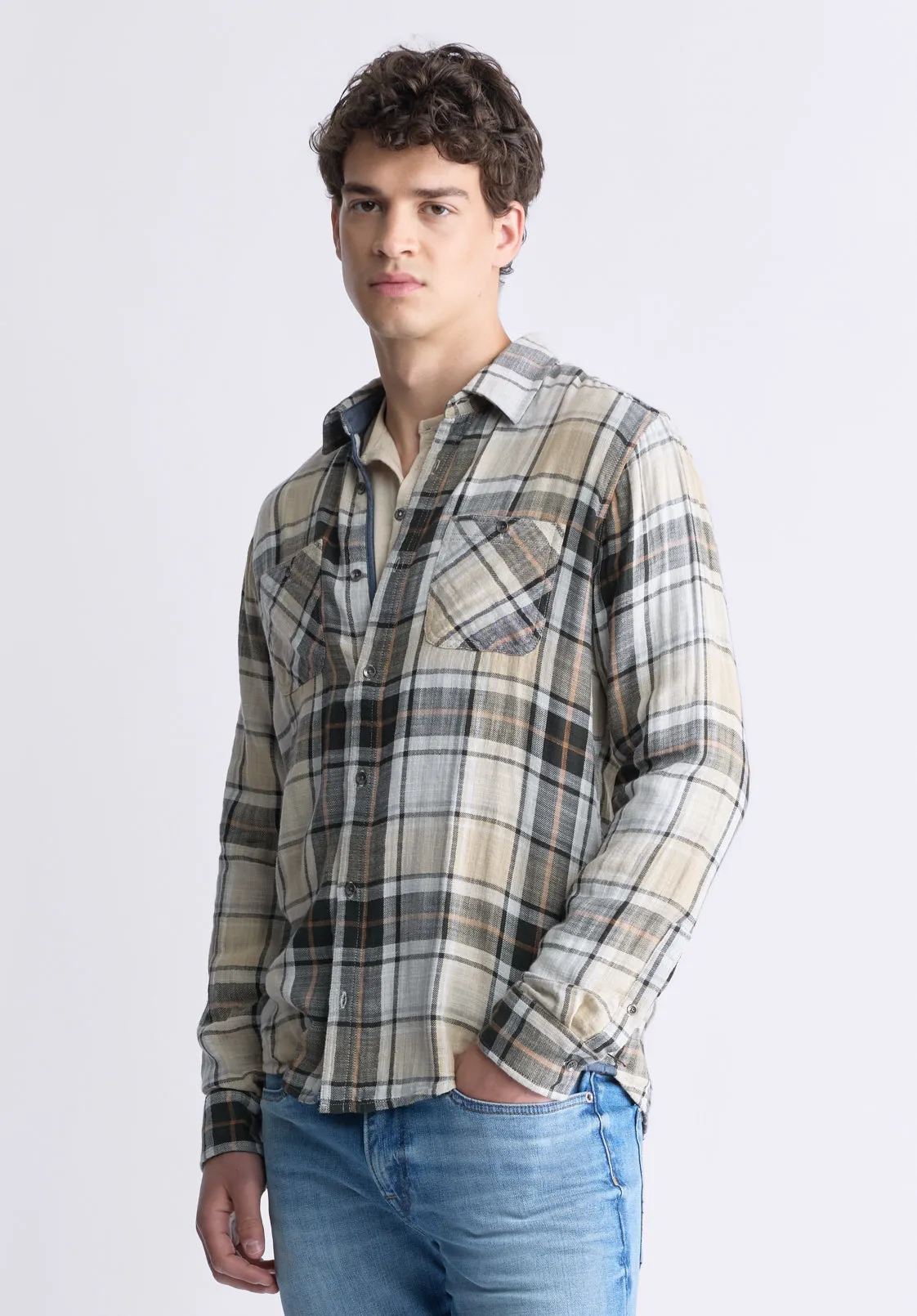 Saolo Men's Long-Sleeve Plaid Shirt, Tan - BM24425